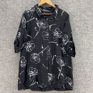 Creation Shirt Women S Small Black Floral Button Up Collared 3/4 Sleeve Cotton